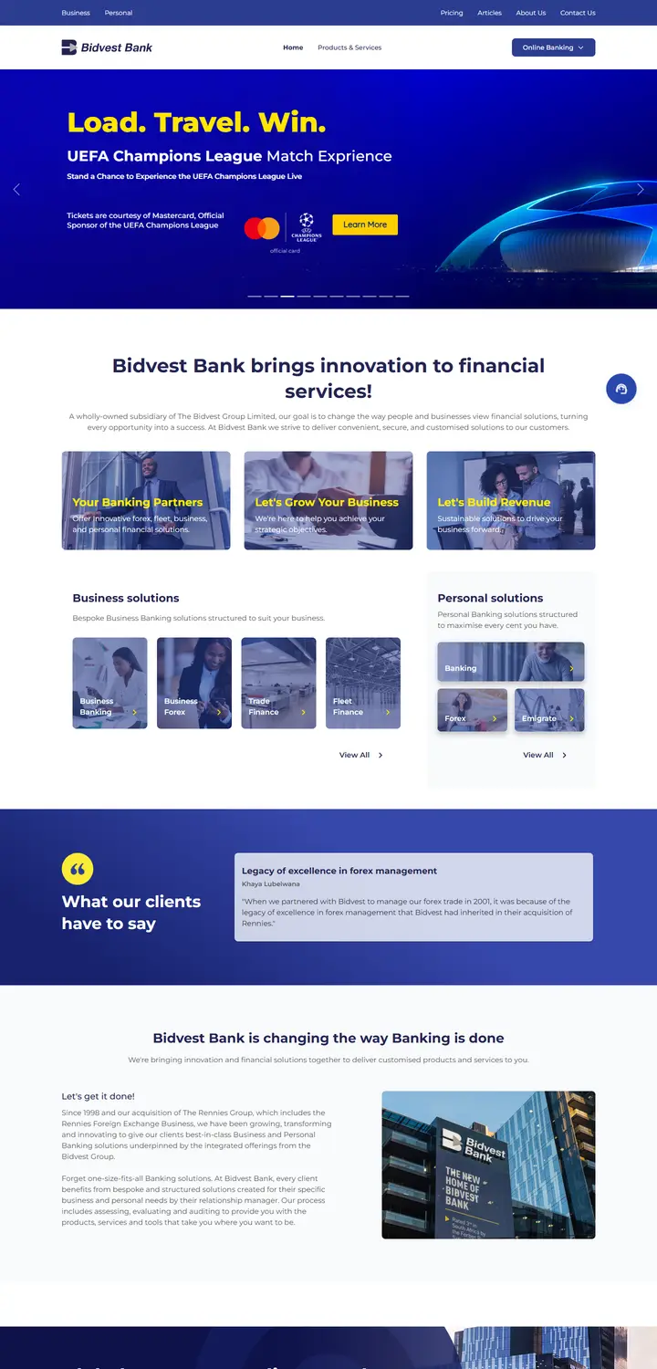 Homepage of Bidvest Bank, built by WEBINK